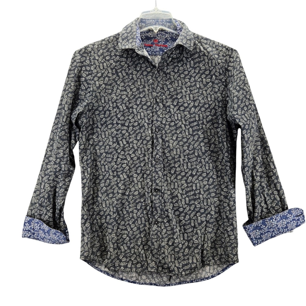 Hennes Heinemann Men's Long Sleeve Button Down Shirt Blue Leaf Print Size Medium